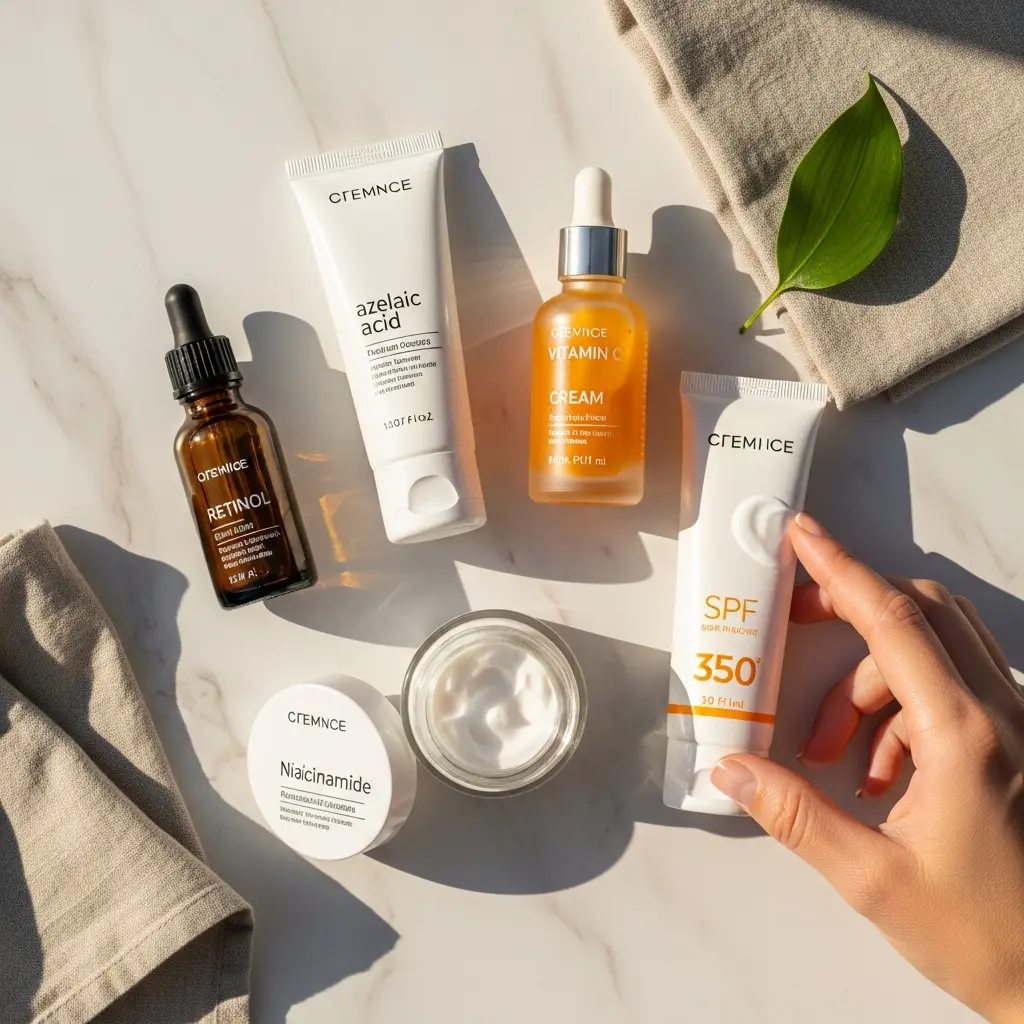 Jasny flat lay produktów CTEMNICE do pielęgnacji skóry na białym marmurze: kroplomierz z retinolem, tubka z kwasem azelainowym, serum z witaminą C, krem z niacynamidem, SPF trzymany przez rękę, zielony liść