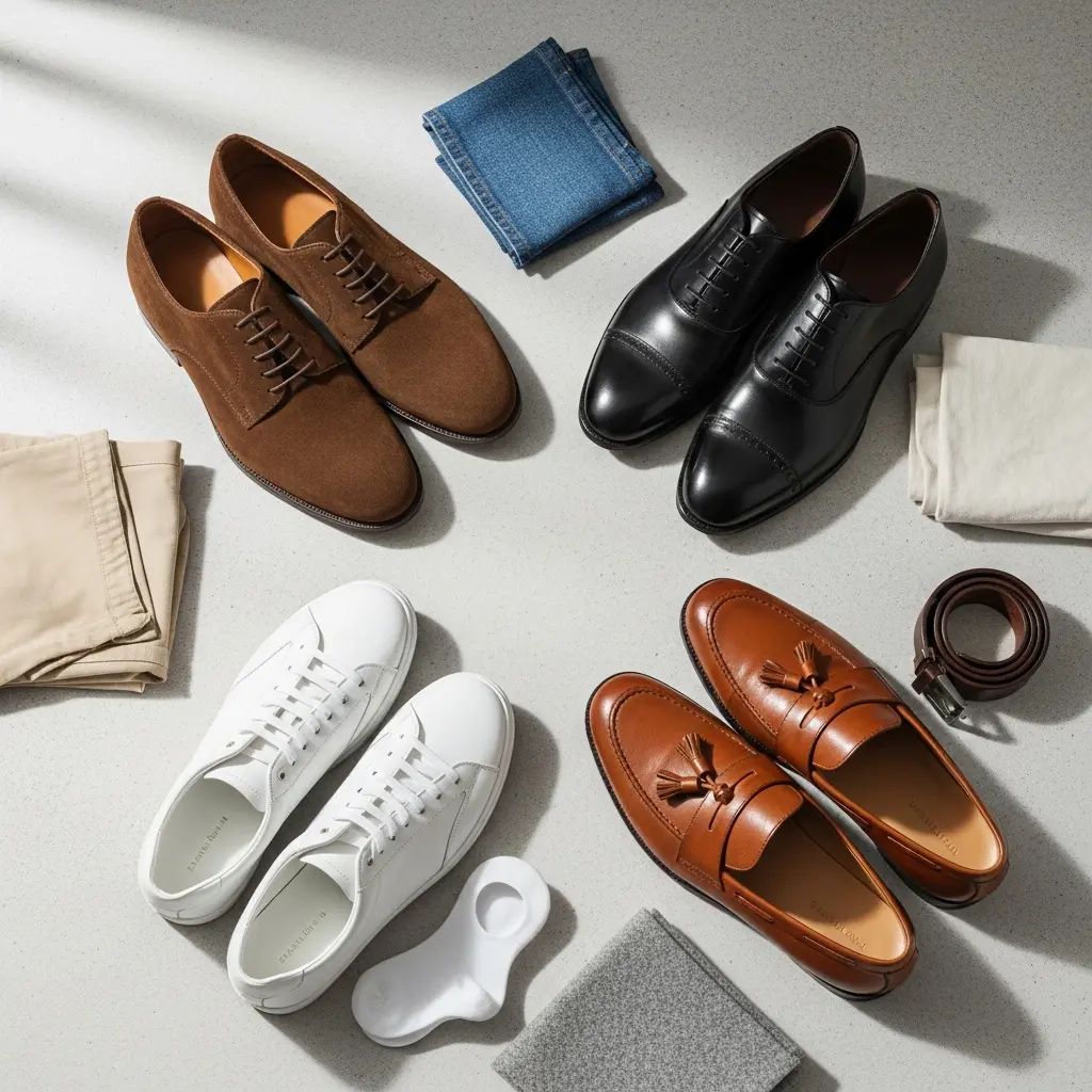 Flat lay z góry kolekcji męskiego obuwia: brązowe zamszowe derby, czarne oksfordy, białe sneakersy, brązowe loafers z dżinsami, chinosami, paskiem, skarpetką na szarej powierzchni