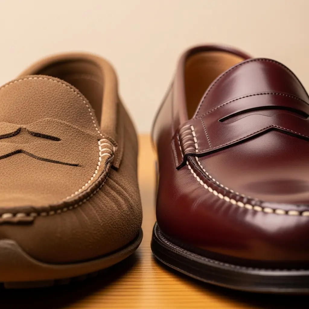 Bliski widok na casualowy jasnobrązowy zamszowy mokasin obok formalnego wypolerowanego bordowego penny loafers na jasnym drewnianym tle
